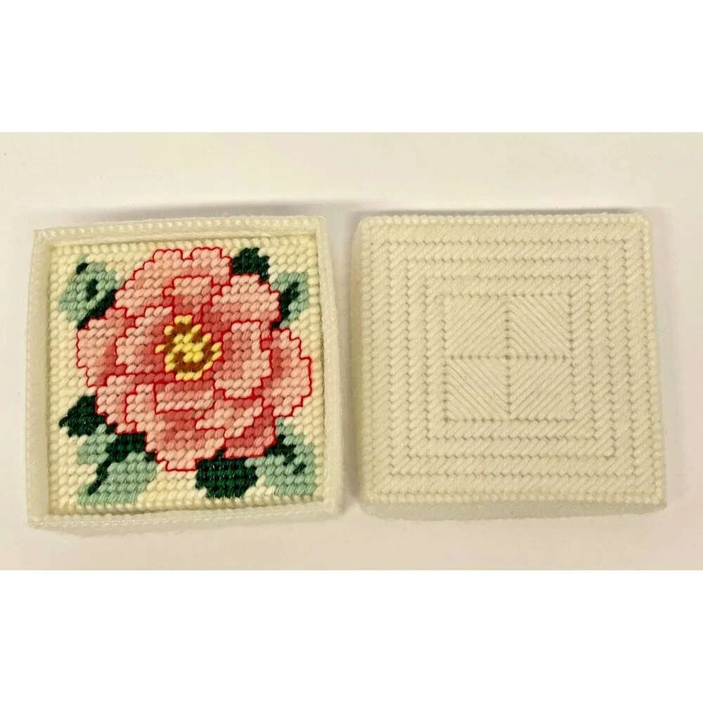 Vintage Handmade Needlepoint Floral Coasters Set of 7 w/ Yarn Covered Box 4in